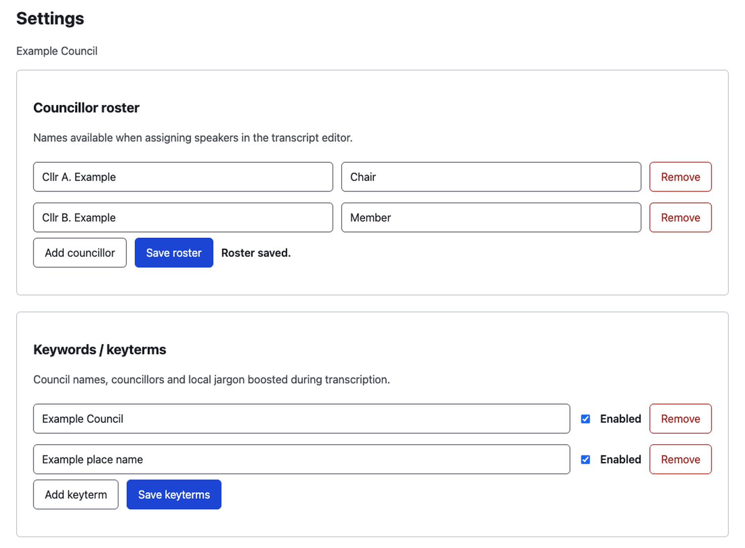 The Settings screen with two panels: a councillor roster listing names against roles, and a keywords list with each term enabled.